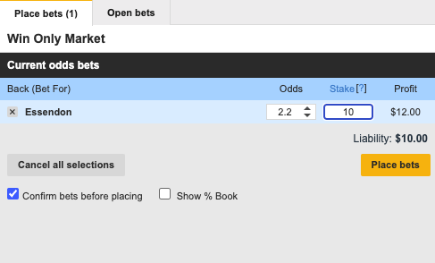 A step-by-step screenshot showing the process of placing a Back Bet on Betfair for an AFL match.